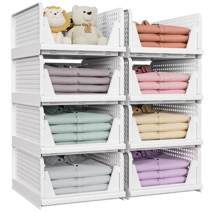 SNSLXH Schrank Organizer 8er Set, stapelbar & faltbar, weiss – acht gestapelte Aufbewahrungsboxen aus Kunststoff