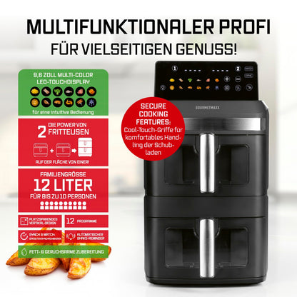 GOURMETmaxx FryUp XL Doppelkammer Heissluftfritteuse 12L Sichtfenster