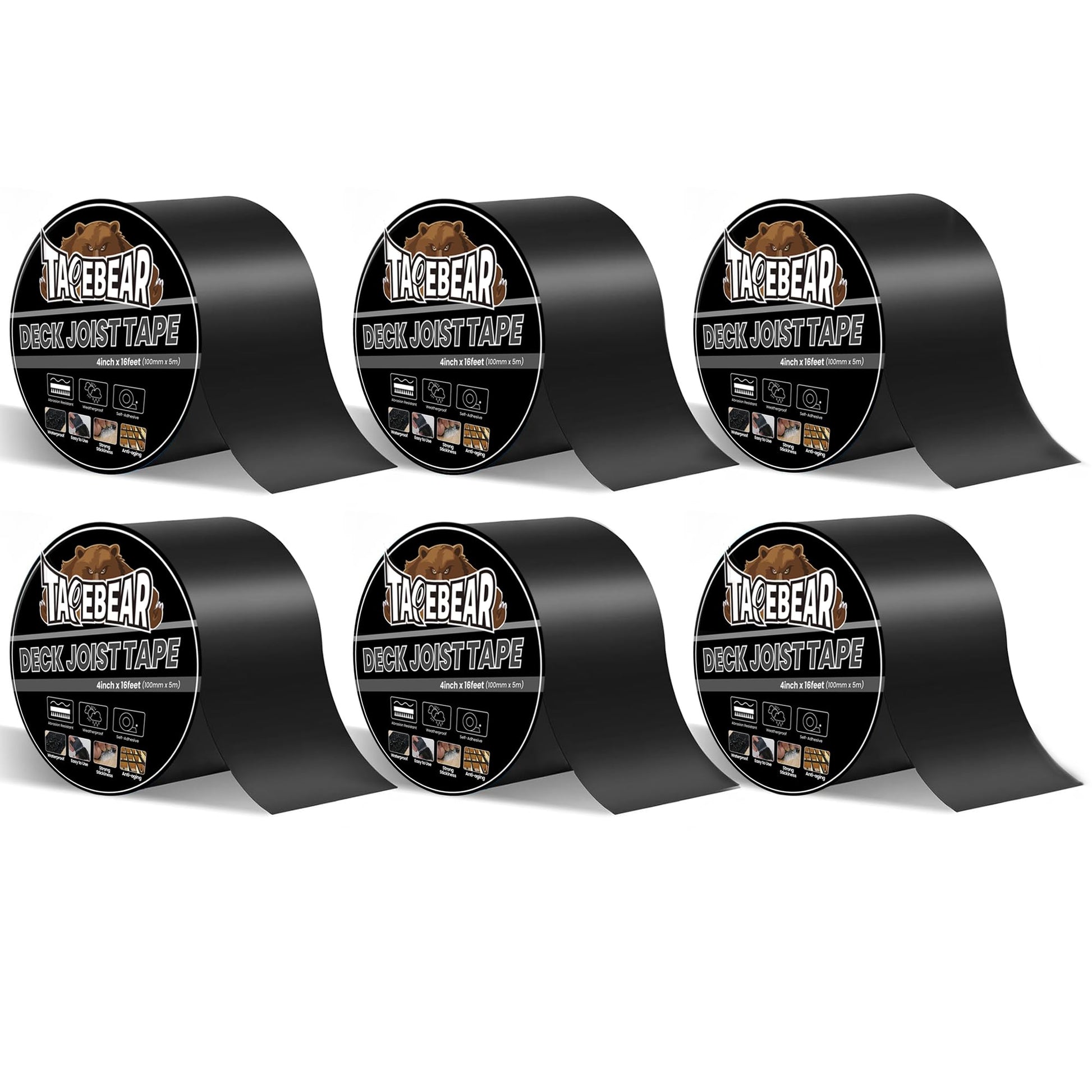 TAPEBEAR Butylband wasserdicht 100 mm x 5 m, selbstklebend, 6 Rollen, Dichtband zum Abdichten von Balken und Holz