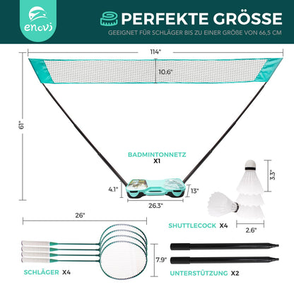Enovi EasyGo Federball Set – 4 Schläger, Netz und Tragetasche