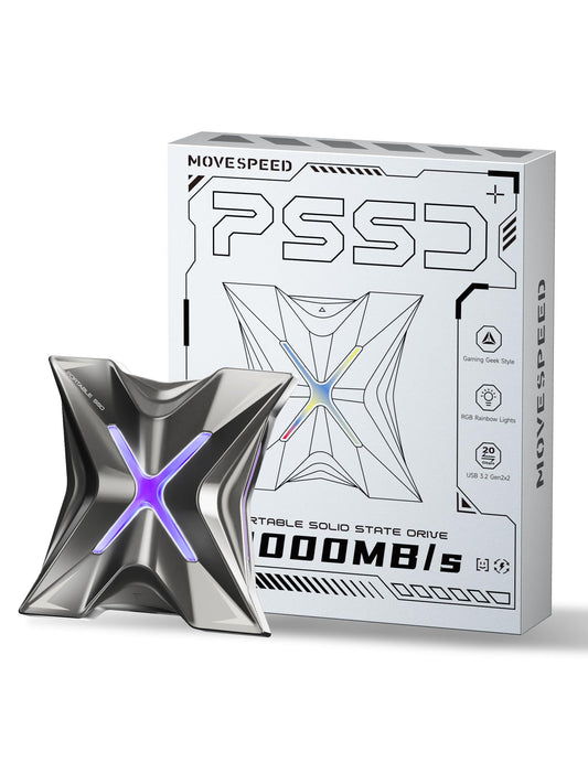 MOVE SPEED RX20 Ultraschnelle Externe SSD 2TB – USB 3.2 Gen 2x2. Schwarzes, rechteckiges Laufwerk zur Datenspeicherung.