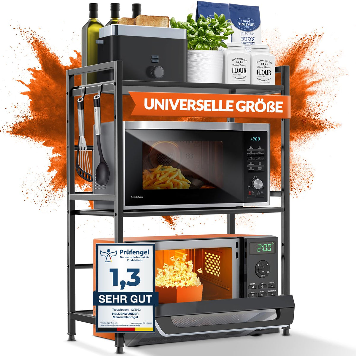 Heldenwunder Mikrowellenregal 3-stufig, Stahl, verstellbar, schwarz