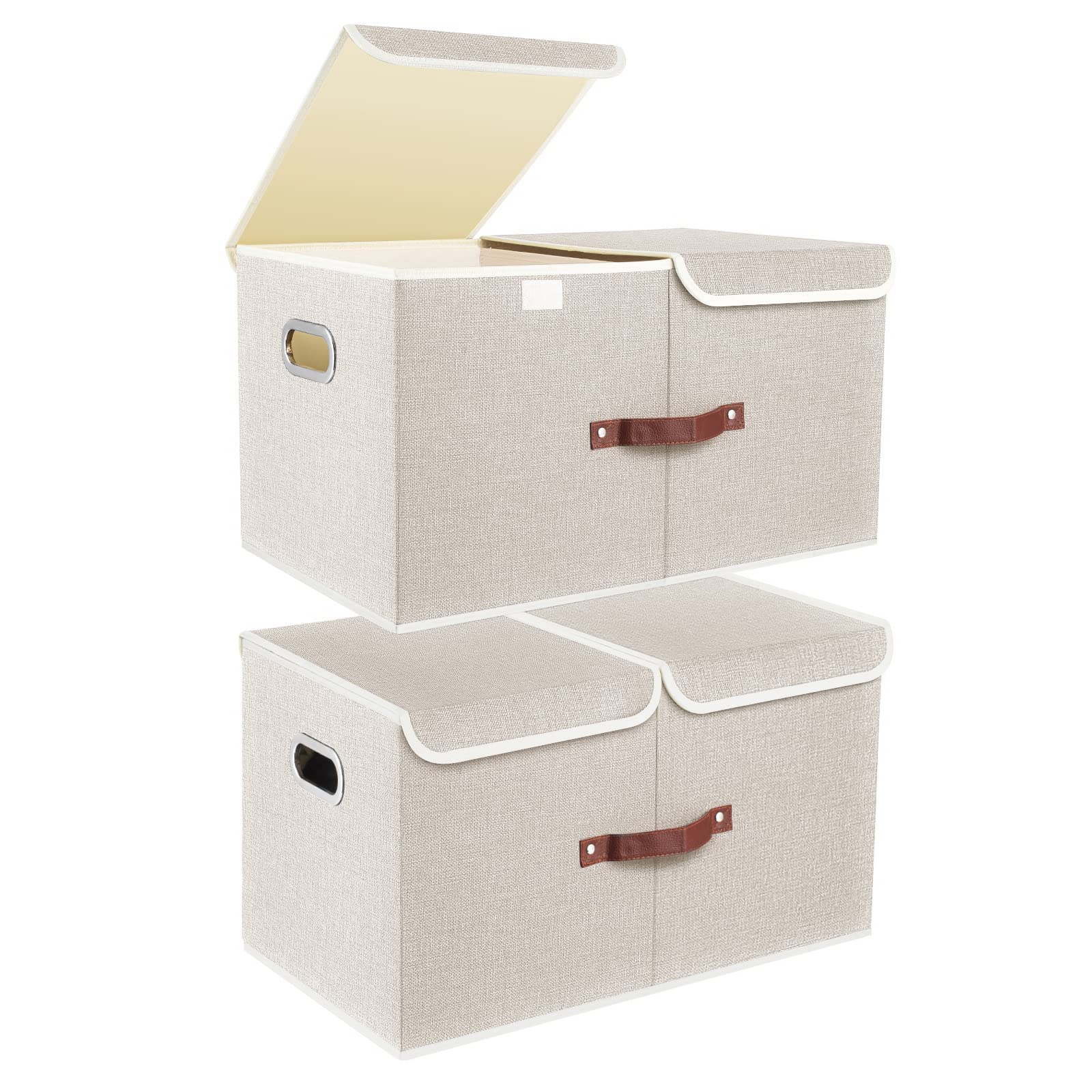 TYEERS Aufbewahrungsbox mit Deckel, faltbar, 55x33x30 cm, 2er-Set aus beigem Stoff