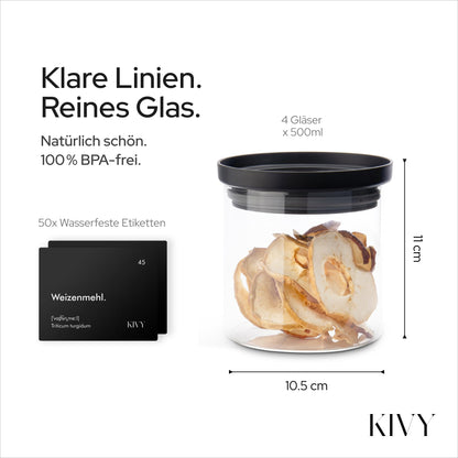 KIVY Vorratsgläser 4er Set 500 ml aus Borosilikatglas mit Glasdeckel