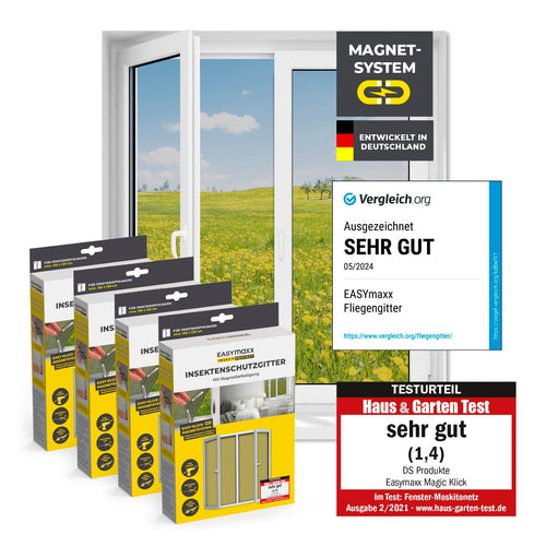 EASYmaxx Fliegengitter Fenster Magic Click, 4 Stück, 150 x 130 cm – zuschneidbares Netz mit Magnetbefestigung