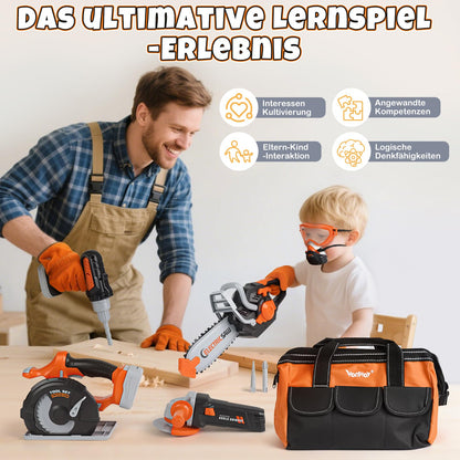 Vanplay Werkzeugkoffer Kinder, Werkzeugset mit Elektrowerkzeug