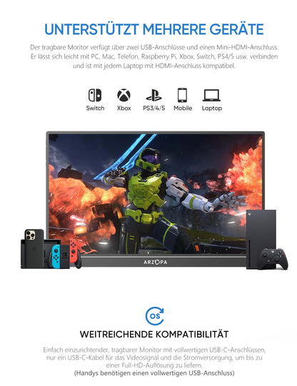 ARZOPA A1 Tragbarer Monitor - 15.6" FHD IPS USB C HDMI