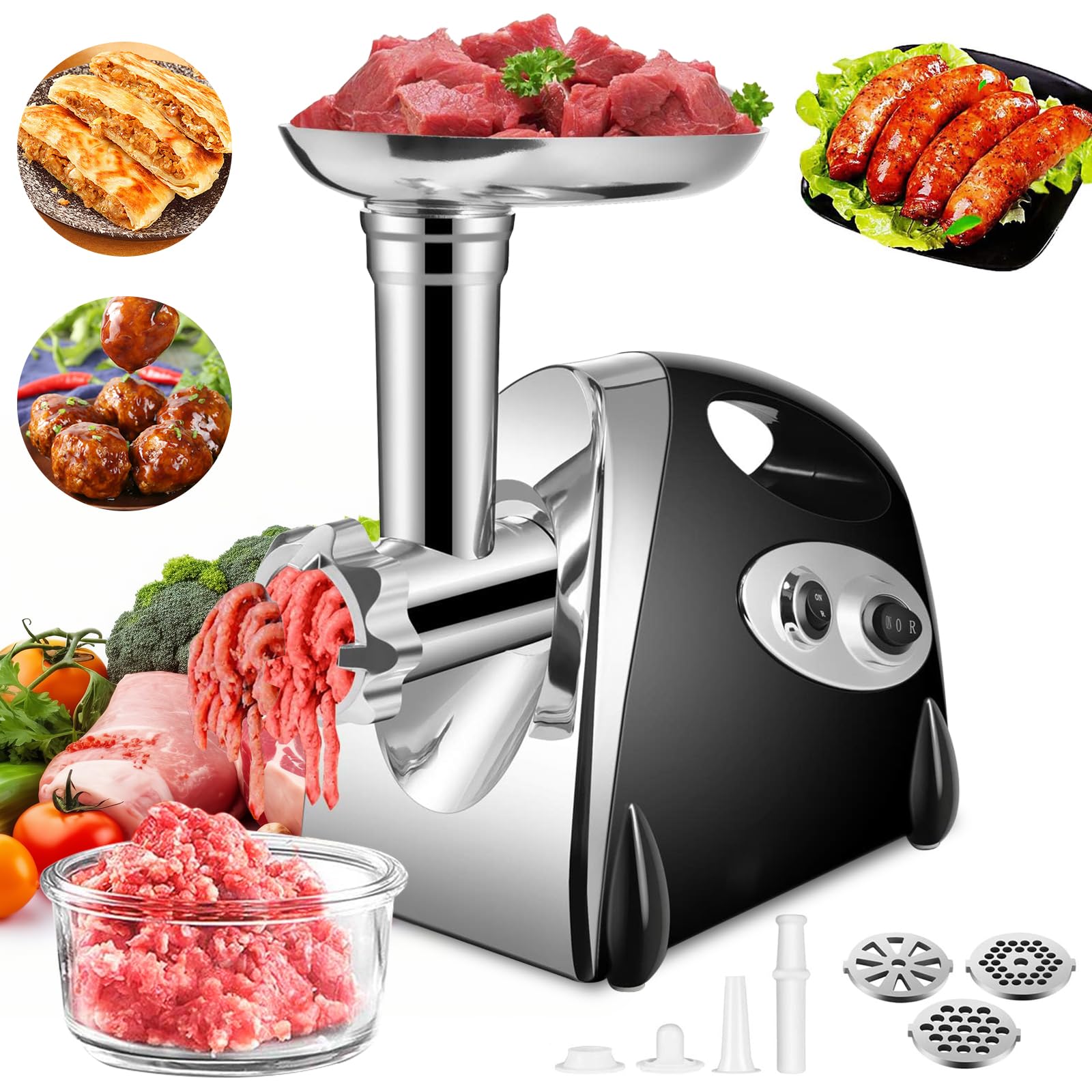 SINZUX Elektrischer Fleischwolf 2800 W mit Wurst- und Kibbeh-Set, schwarz, drei Schneidplatten