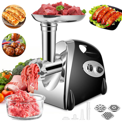 SINZUX Elektrischer Fleischwolf 2800 W mit Wurst- und Kibbeh-Set, schwarz, drei Schneidplatten