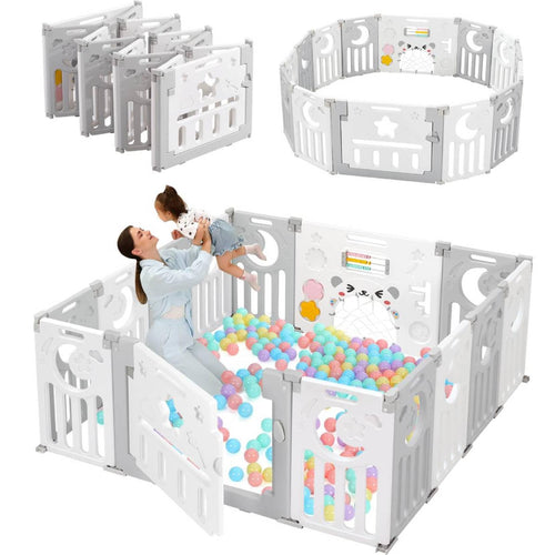 Dripex Laufstall Baby faltbar 150x150cm – Grau mit Spielboard. Quadratischer, grauer Laufstall mit Gitterwänden und Spielboard. Bietet sicheren Spielbereich für Babys.