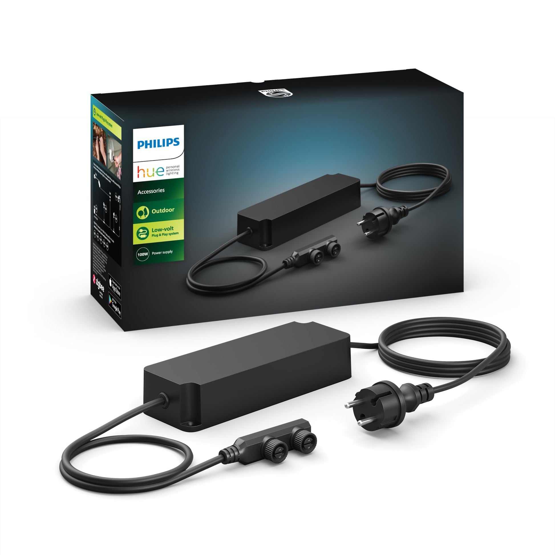 Philips Hue Stromversorgung für Aussenbereich 100W - Schwarz: Schwarzes Netzteil versorgt Niedervolt-Aussenleuchten mit 100W.