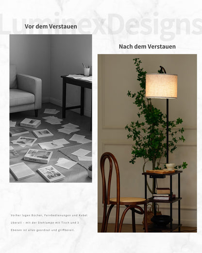 LuminexDesigns Vintage Stehlampe mit Tisch, USB & Typ-C Holz