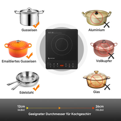 AMZCHEF Induktionskochfeld 1 Platte, 2000 W, Sensorsteuerung, Timer