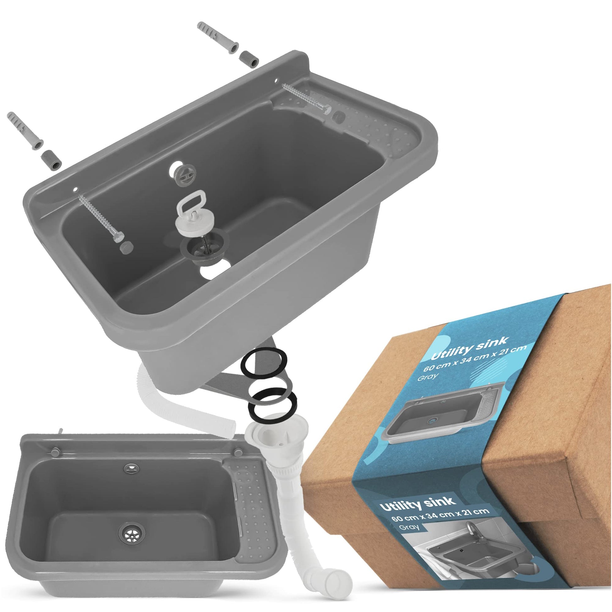 Instalguru Waschbecken mit Regal, Ausgussbecken 60 x 34 x 21 cm grau, aus Polypropylen, für innen und aussen
