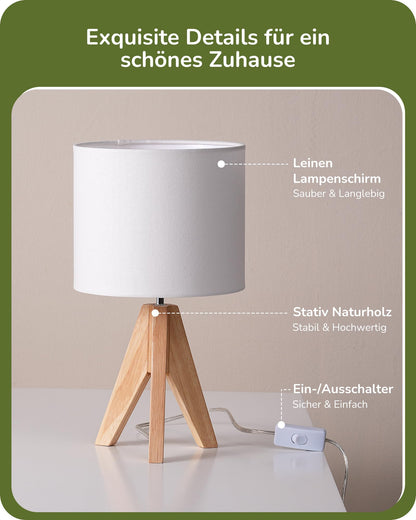 EDISHINE 2er Set Tischlampe Holz LED Nachttischlampe Leinen