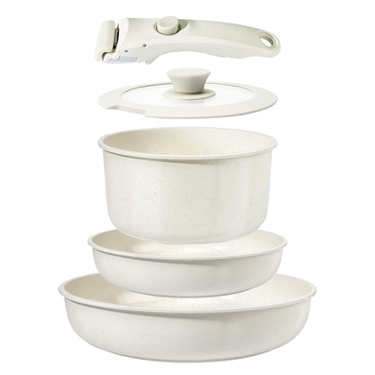 GiPP Topf- und Pfannenset Keramik, abnehmbarer Griff, Induktion in Weiss, stapelbares Set