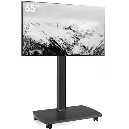 AOKCOS TV Ständer rollbar, höhenverstellbar, 32-65 Zoll, schwarz mit Holzsockel und feststellbaren Rollen