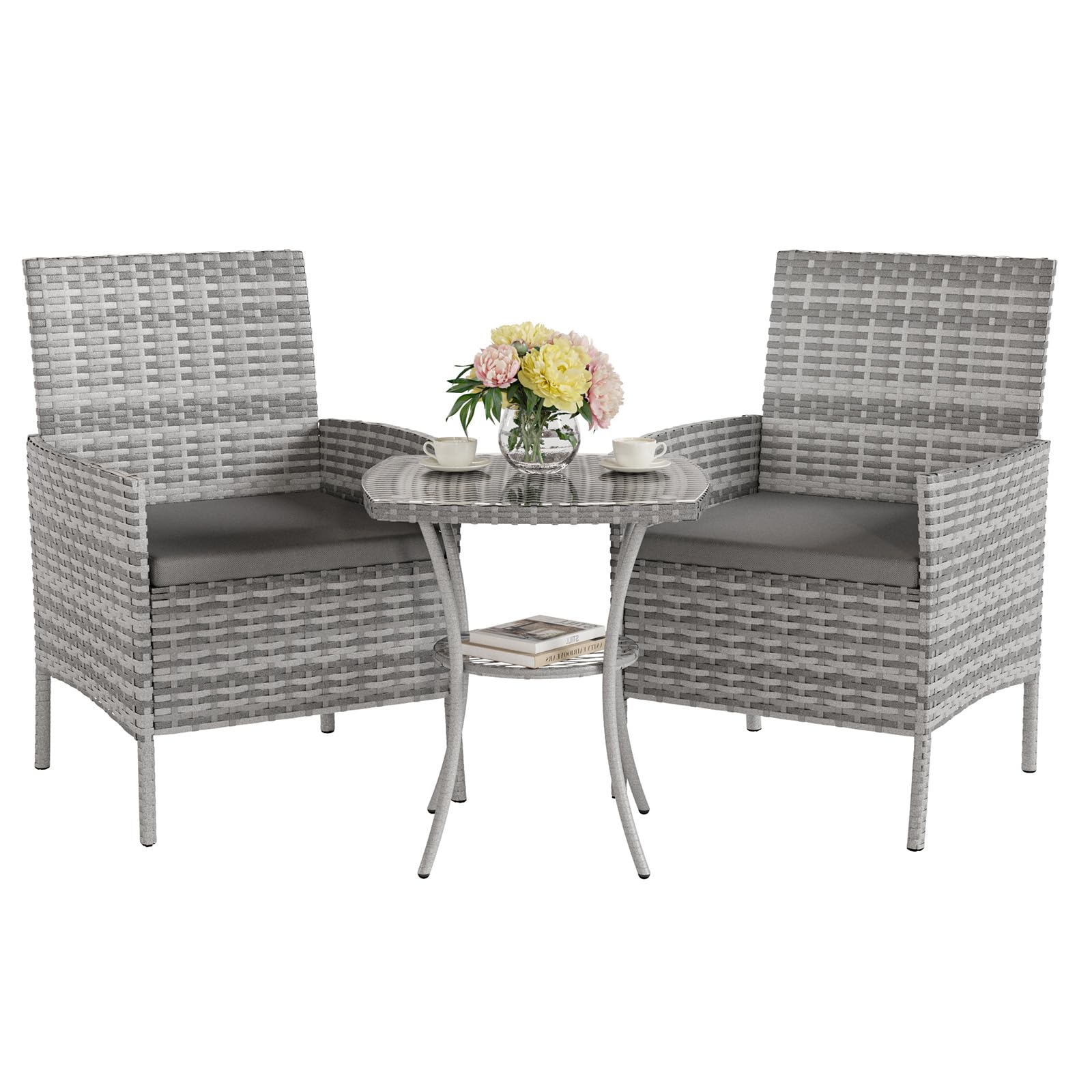 UDPATIO Gartenmöbel Set 3-teilig Polyrattan Lounge Balkon grau mit Glastisch und zwei Loungesesseln