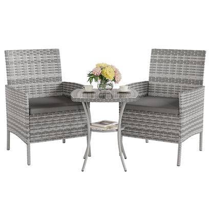 UDPATIO Gartenmöbel Set 3-teilig Polyrattan Lounge Balkon grau mit Glastisch und zwei Loungesesseln