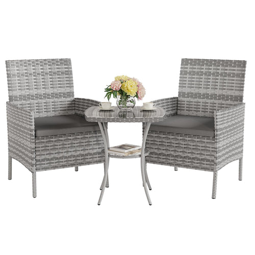 UDPATIO Gartenmöbel Set 3-teilig Polyrattan Lounge Balkon grau mit Glastisch und zwei Loungesesseln