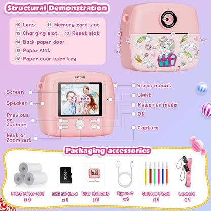 ASTGMI C10 Kinderkamera mit Sofortdruck, 1080P HD, 32 GB Karte