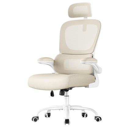 SONGMICS Bürostuhl ergonomisch, Netzstuhl mit Lendenstütze, sandbeige, Netzrücken mit Kopfstütze
