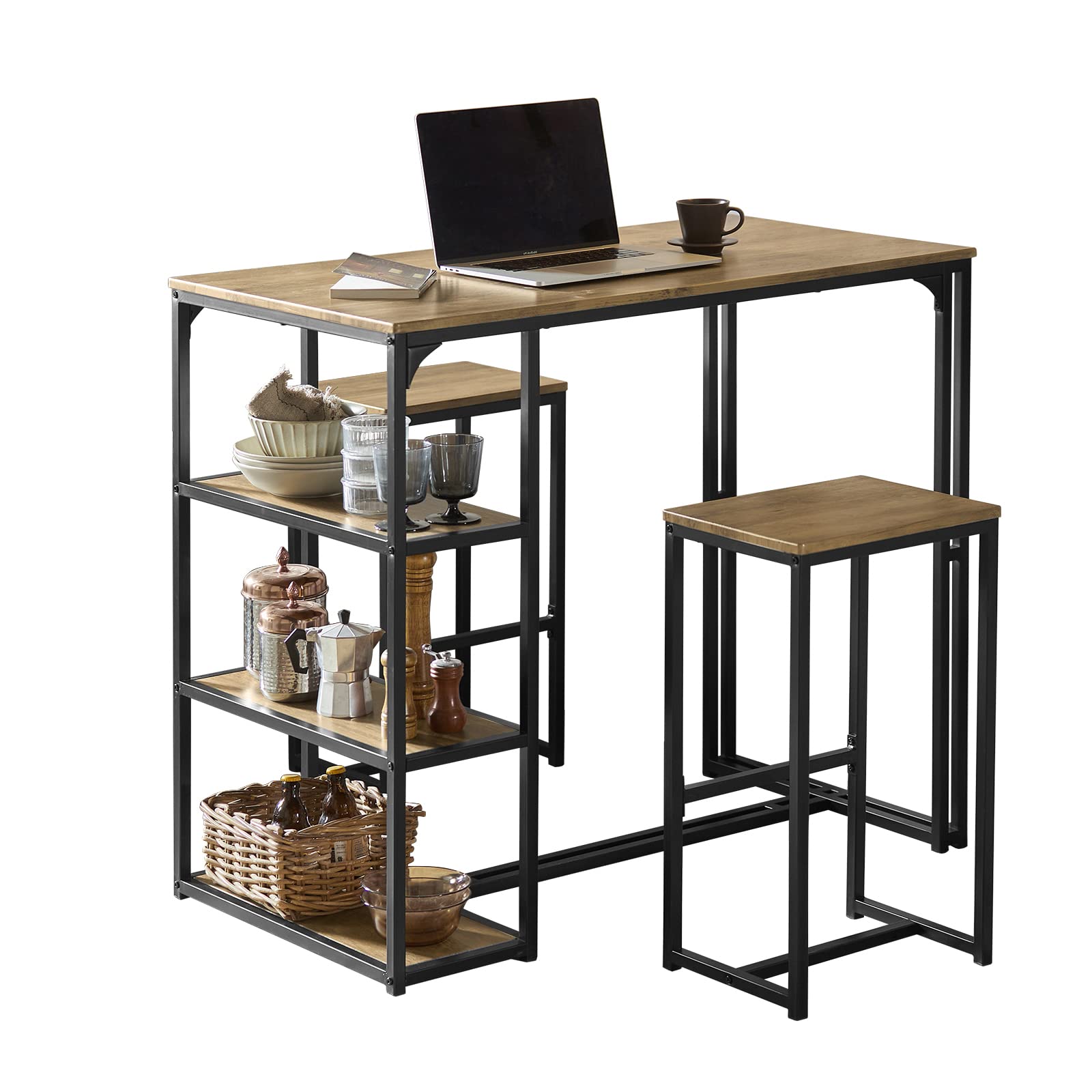 SoBuy OGT43-F Bartisch-Set mit 2 Barhockern & Ablage: Kompaktes Set aus Bartisch, zwei Hockern und Ablage. Ideal als Essplatz in kleinen Küchen.