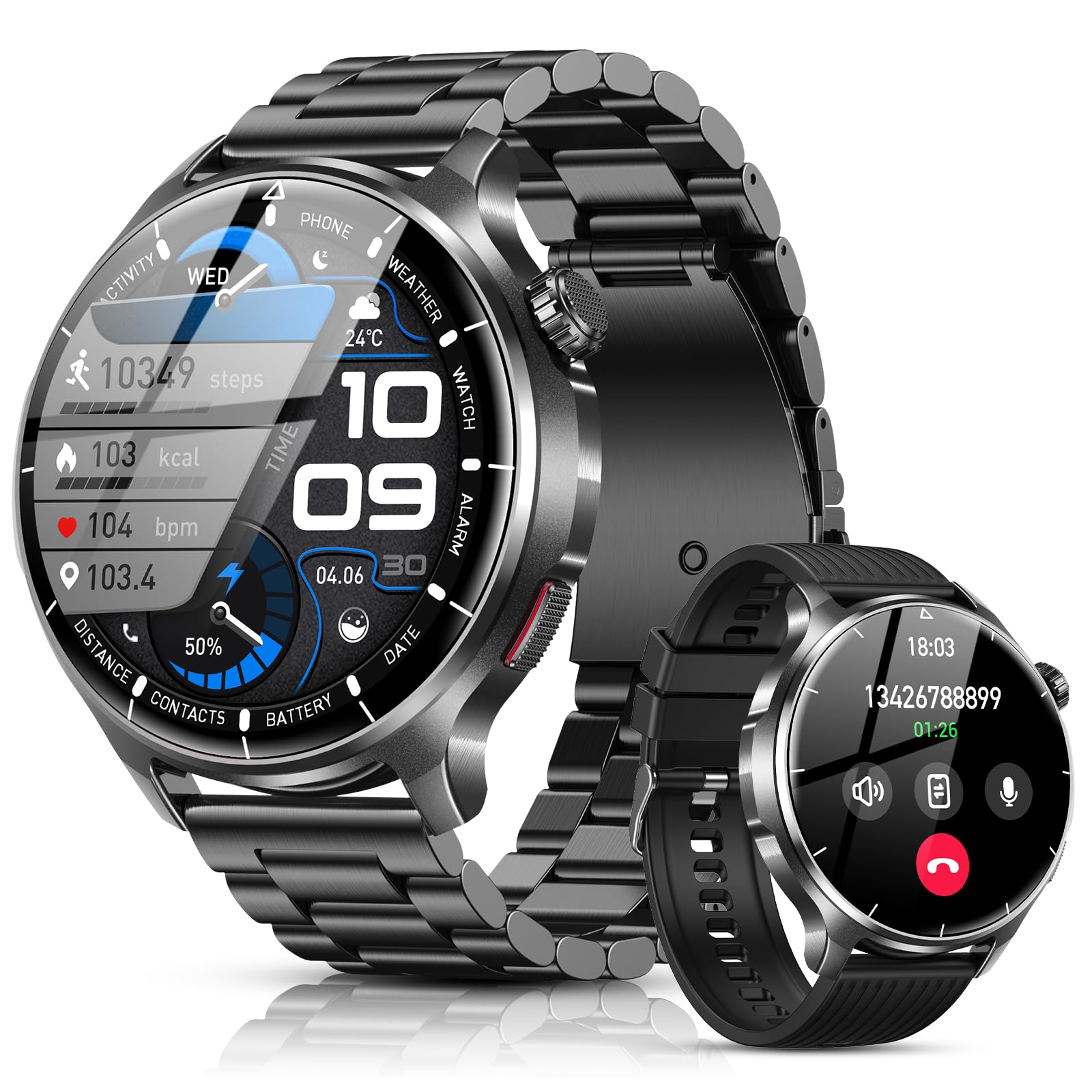 SLOKSFil I136 Smartwatch Herren, 1,52" HD-Touchscreen, Schwarzstahl – rundes Display, Anrufe und Sport am Handgelenk