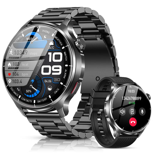 SLOKSFil I136 Smartwatch Herren, 1,52" HD-Touchscreen, Schwarzstahl – rundes Display, Anrufe und Sport am Handgelenk