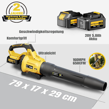 GEVEELIFE Akku-Laubbläser 20V, 3 Stufen, 257 km/h, 2 Akkus, gelb