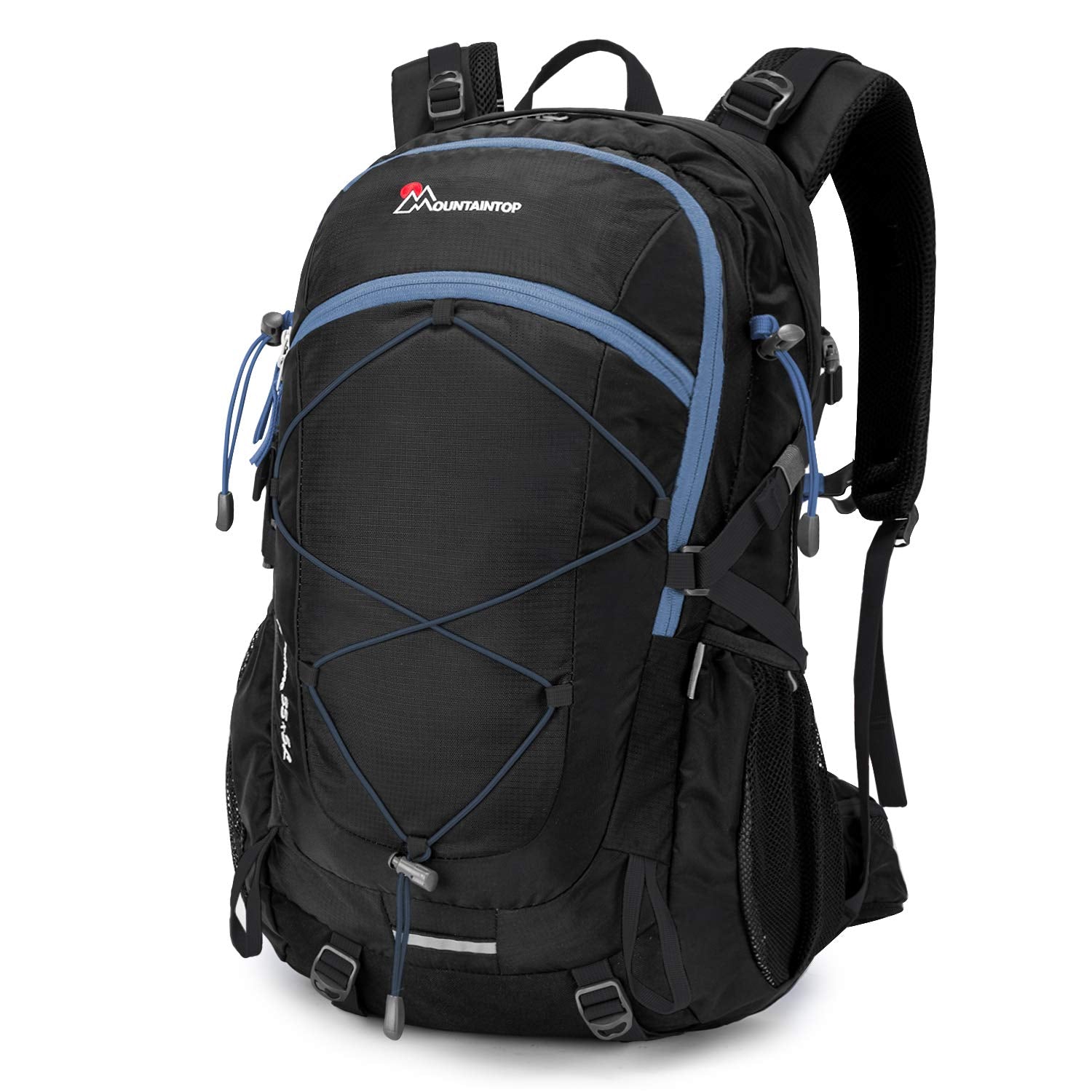 Mountaintop 40L Wanderrucksack mit Regenhülle, Schwarz-Blau, 420D-Nylon, Netz-Seitentaschen