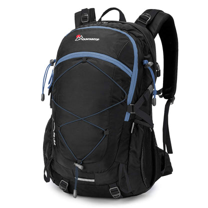 Mountaintop 40L Wanderrucksack mit Regenhülle, Schwarz-Blau, 420D-Nylon, Netz-Seitentaschen