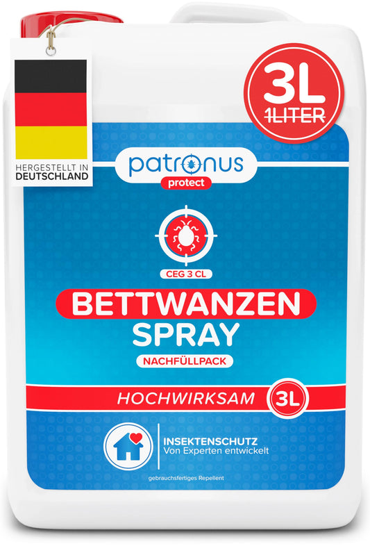 Patronus Bettwanzen-Spray Abwehr - 3L Eukalyptus-Zitrus. Transparente 3L Sprühflasche zur Abwehr von Bettwanzen.