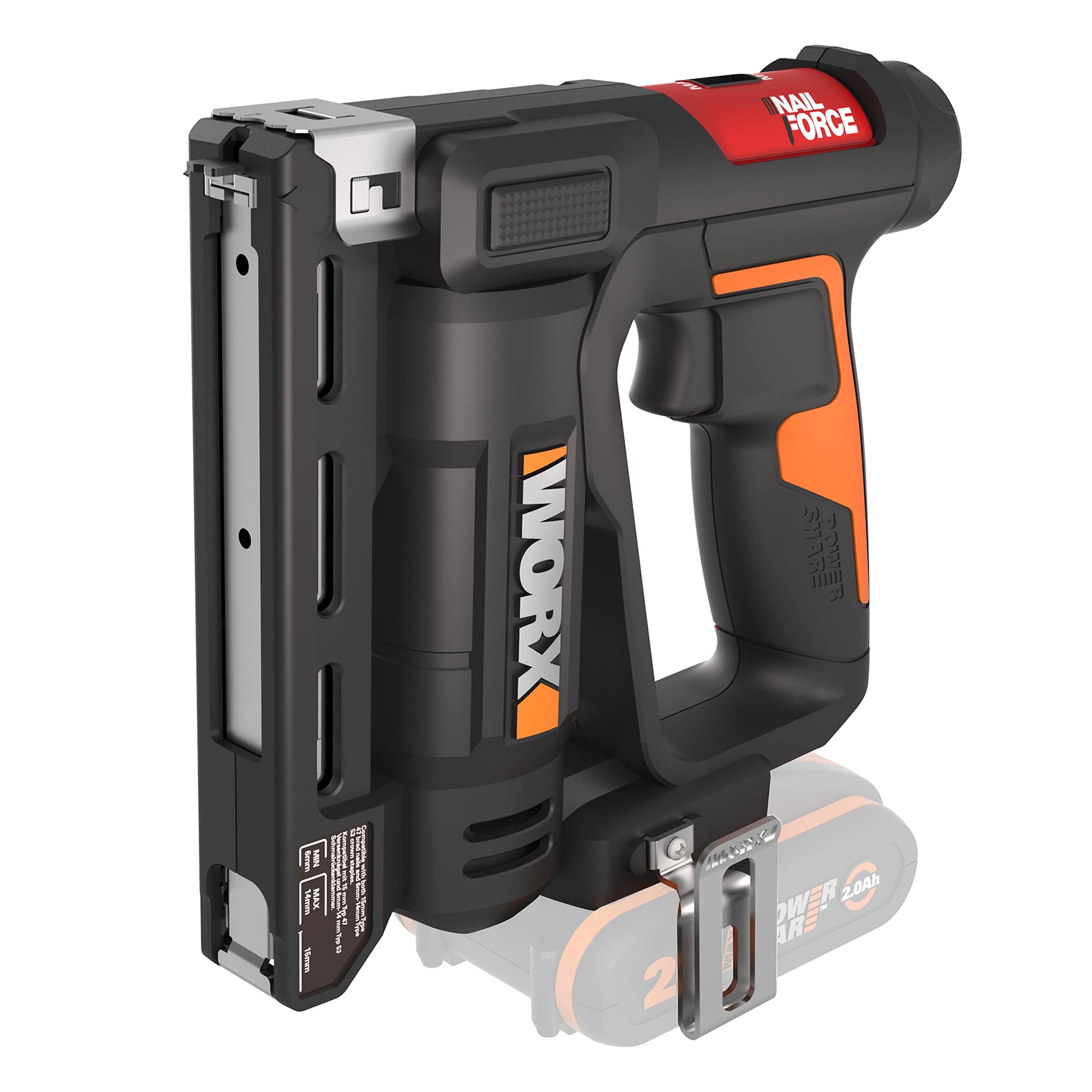 WORX NailForce Akku Nagler Tacker 20V WX843.9 – Ohne Akku. Grüner, pistolenförmiger Tacker. Setzt Nägel/Klammern.