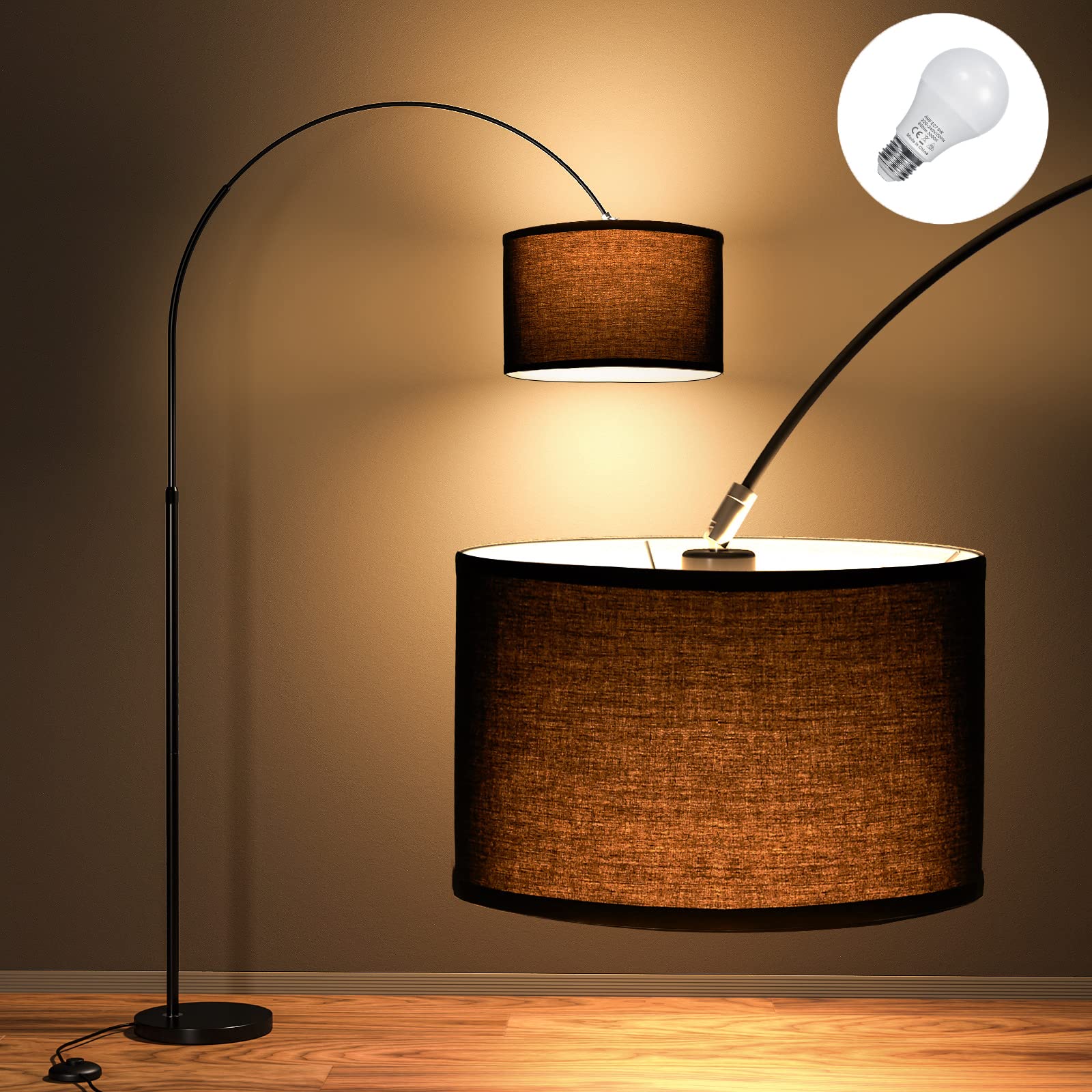 Modlicht JASMIN I LED Bogenlampe - schwarzer Stoffschirm 33cm. Gebogene Stehleuchte mit 33cm Textilschirm in Schwarz zur indirekten Beleuchtung.