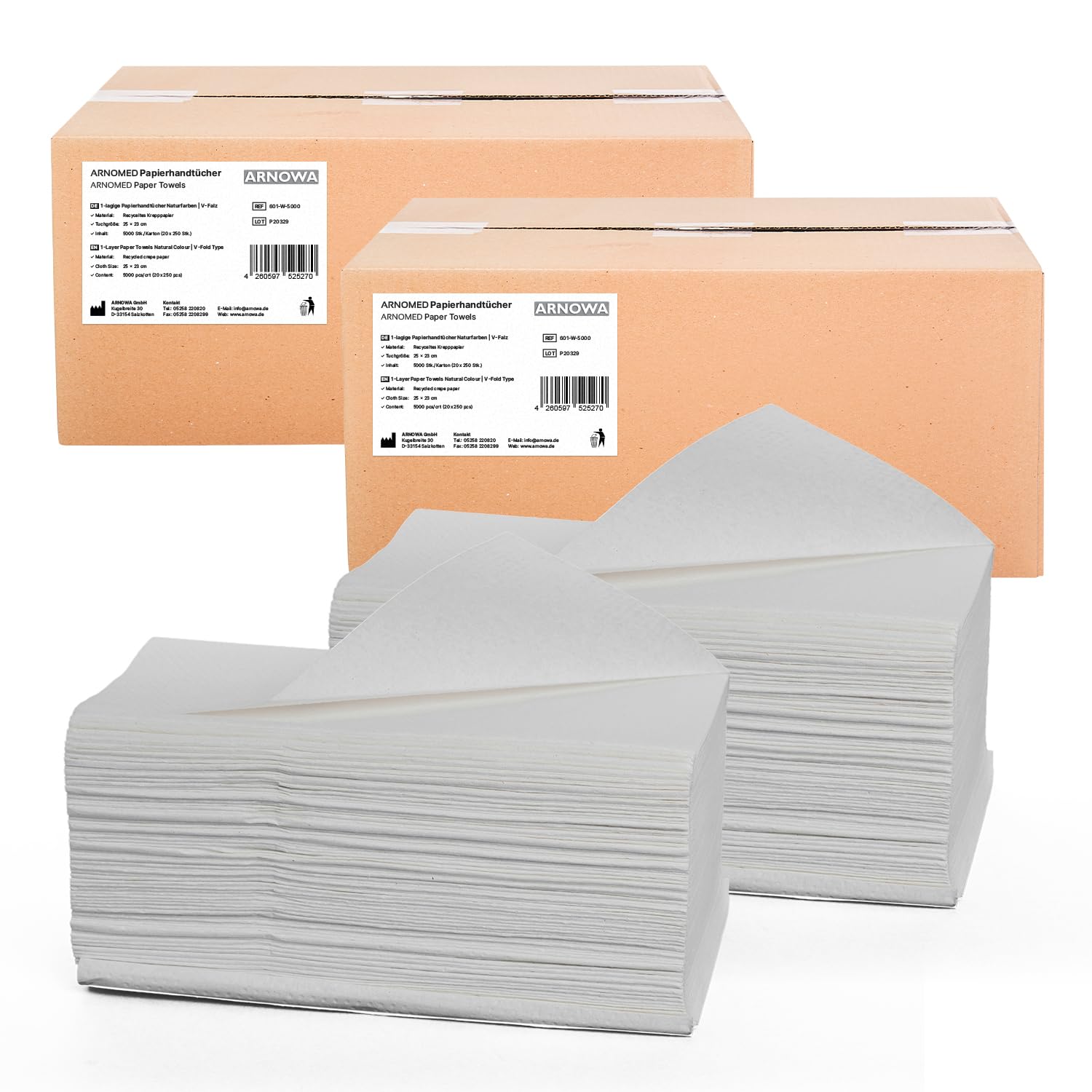 ARNOMED Papierhandtücher ZZ-Falz, 25 x 23 cm, 10000 Stück, 1-lagig – vorgefaltete Falthandtücher in Natur