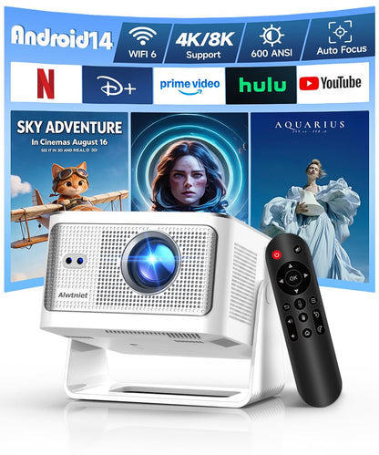 Alwtniet HY350MAX Mini Beamer Full HD Smart Projektor mit Android 14, 180 Grad drehbar für Wand- und Deckenprojektion