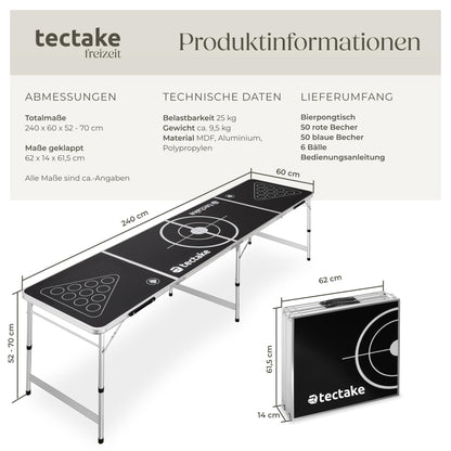 tectake Bierpong Tisch, klappbar, höhenverstellbar, mit 100 Bechern