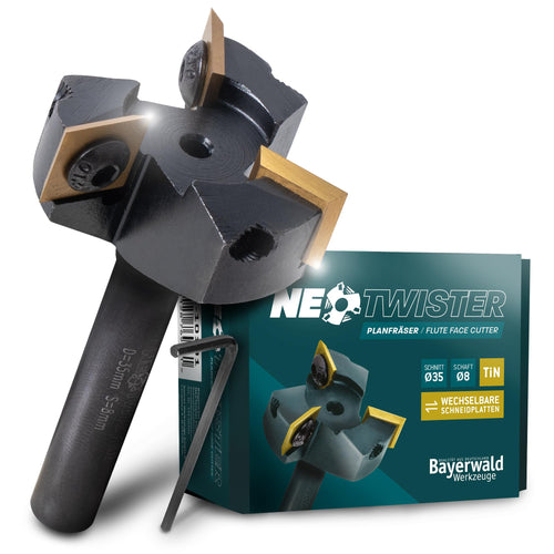 Bayerwald NeoTwister Planfräser für Oberfräse, Ø 35 mm, Schaft 8 mm und TiN-beschichtetem Wechselmesser