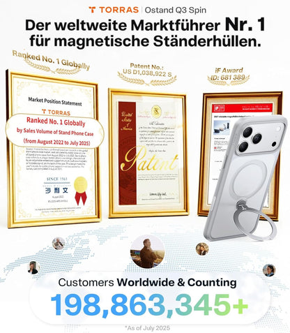 TORRAS Ostand Q3 Spin Hülle für iPhone 17 Pro mit Ständer, Silbergrau