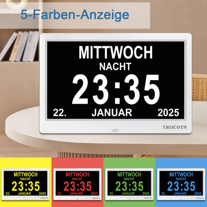 TROCOTN Digitale Kalenderuhr 10 Zoll, Tagesuhr für Senioren, Weiss