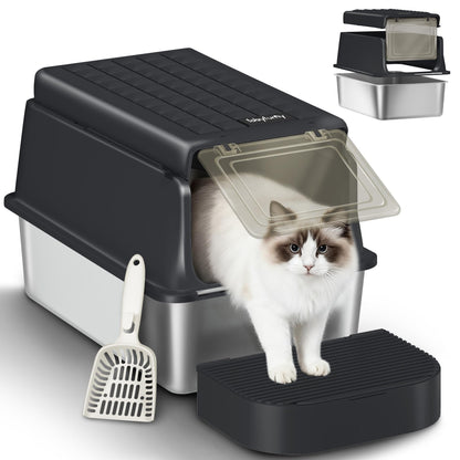 Fobyfurny Edelstahl-Katzenklo XXL mit Deckel, geschlossen, schwarz, mit Klappdeckel und Fussstufe