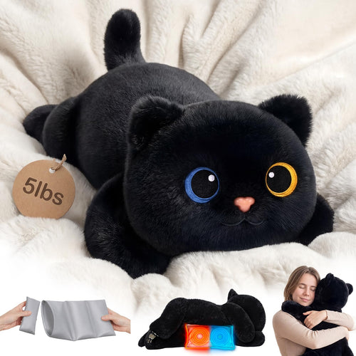 Mewaii Gewichtskuscheltier Schwarze Katze mit Wärmekissen, 2,3 kg aus weichem Plüsch mit Stickerei