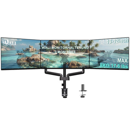 WALI Monitorhalterung 3 Monitore, Tischhalterung bis 32 Zoll, schwarz, mit drei Monitorarmen