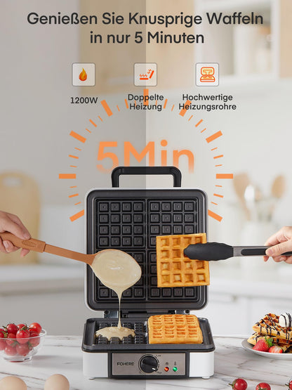 FOHERE Waffeleisen 2030, 1200 Watt, 4 Waffeln, Antihaftbeschichtung
