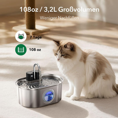 PEKTACO Katzenbrunnen Edelstahl, kabelloser Trinkbrunnen mit Akku