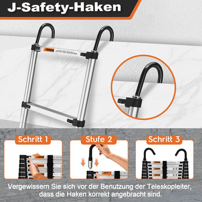 HBTower 3.8m Teleskopleiter - Aluminium mit Haken Silber
