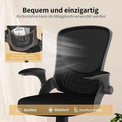 naspaluro Ergonomischer Bürostuhl - Mesh Schwarz, Armlehnen klappbar