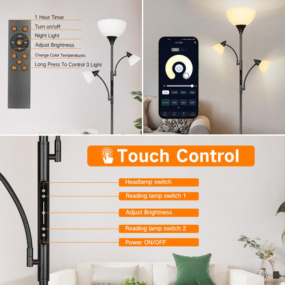 OUTON Stehlampe Deckenfluter mit 3 Leselampen LED Dimmbar