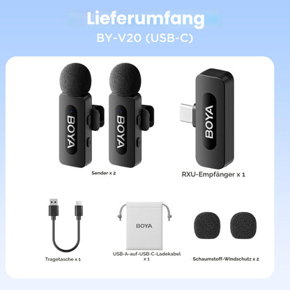 BOYA BY-V20 kabelloses USB-C Ansteckmikrofon mit 2 Sendern